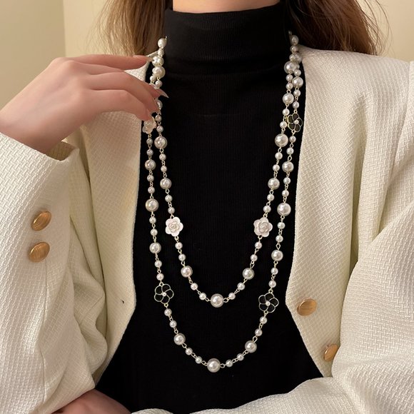 GOLICC Double Layer Long Flower Pearl Necklace - Picture 4 of 7